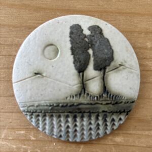 Vintage Hand-made Ceramic Brooch Trees & Nature Earthy  Round Lapel Pin 2"